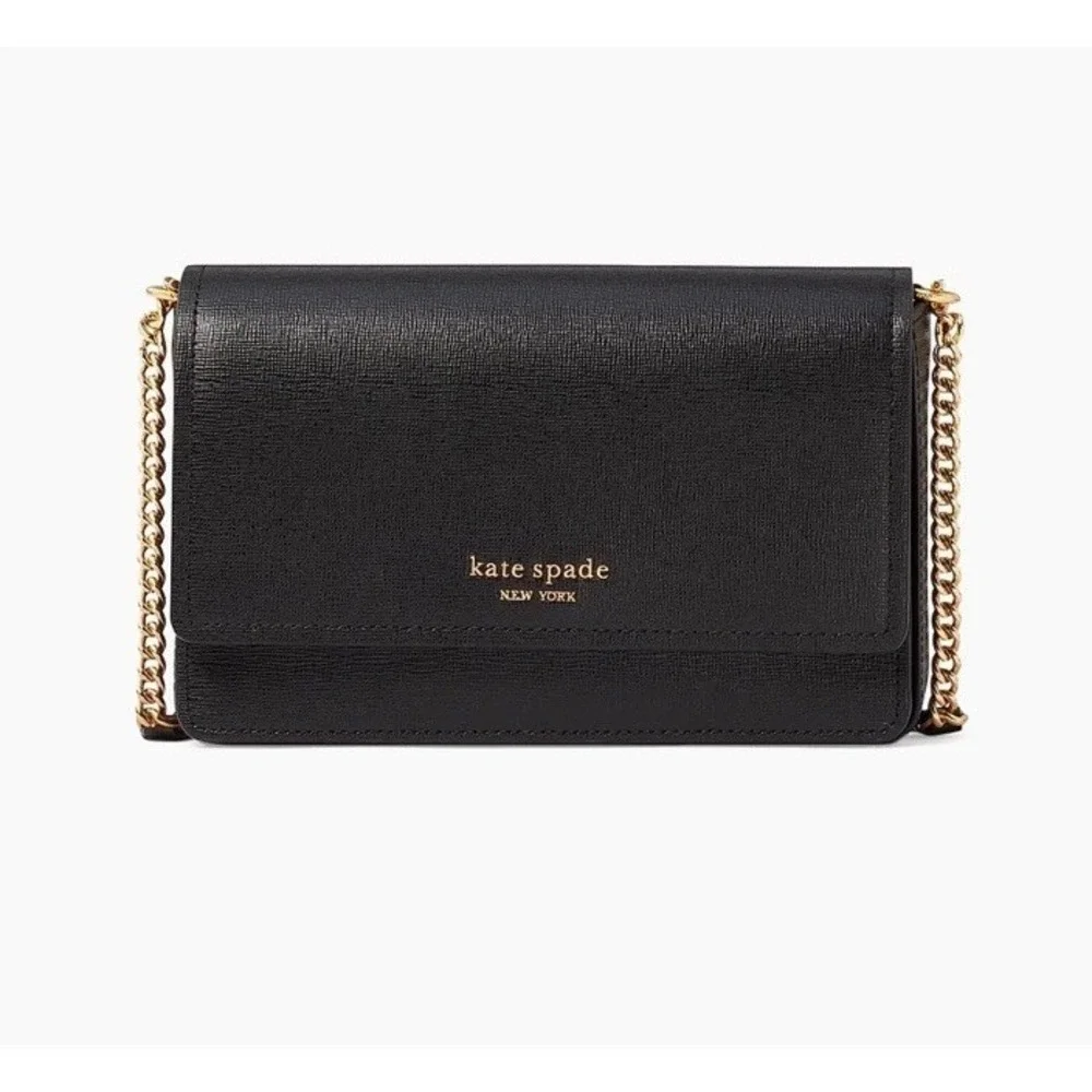 NWT Kate Spade Morgan Black Leather‎ Flap On A Chain Wallet Crossbody Strap